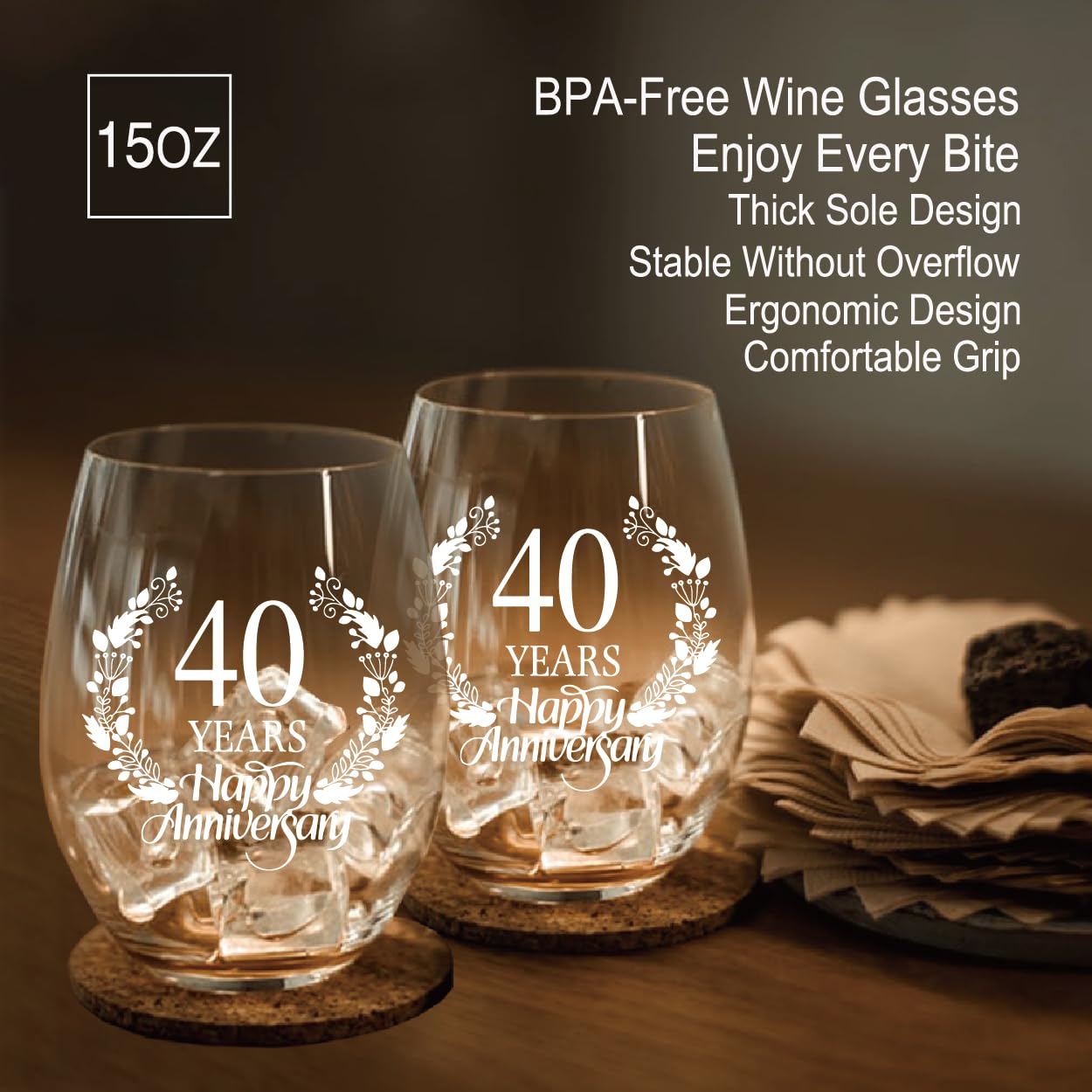 Perfectinsoy 40 Years Happy Anniversary Wine Glass Set of 2, 40th Anniversary Wedding Gift for Mom Dad Wife Soulmate Couple, Funny Vintage 40 Years Wedding Gifts for Men Woman Couple Family Friends