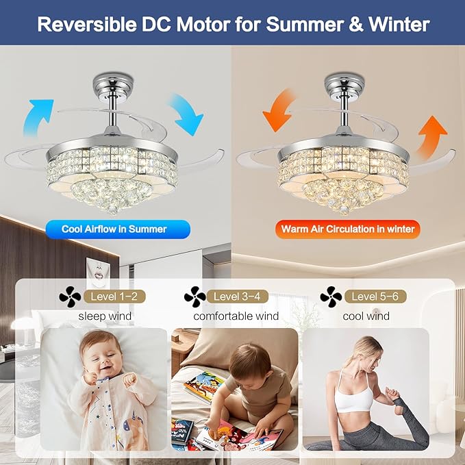 48" RGB Bluetooth Ceiling Fan with Light and Speaker, Retractable Blades Crystal Fandelier Music Player LED Chandelier Silver