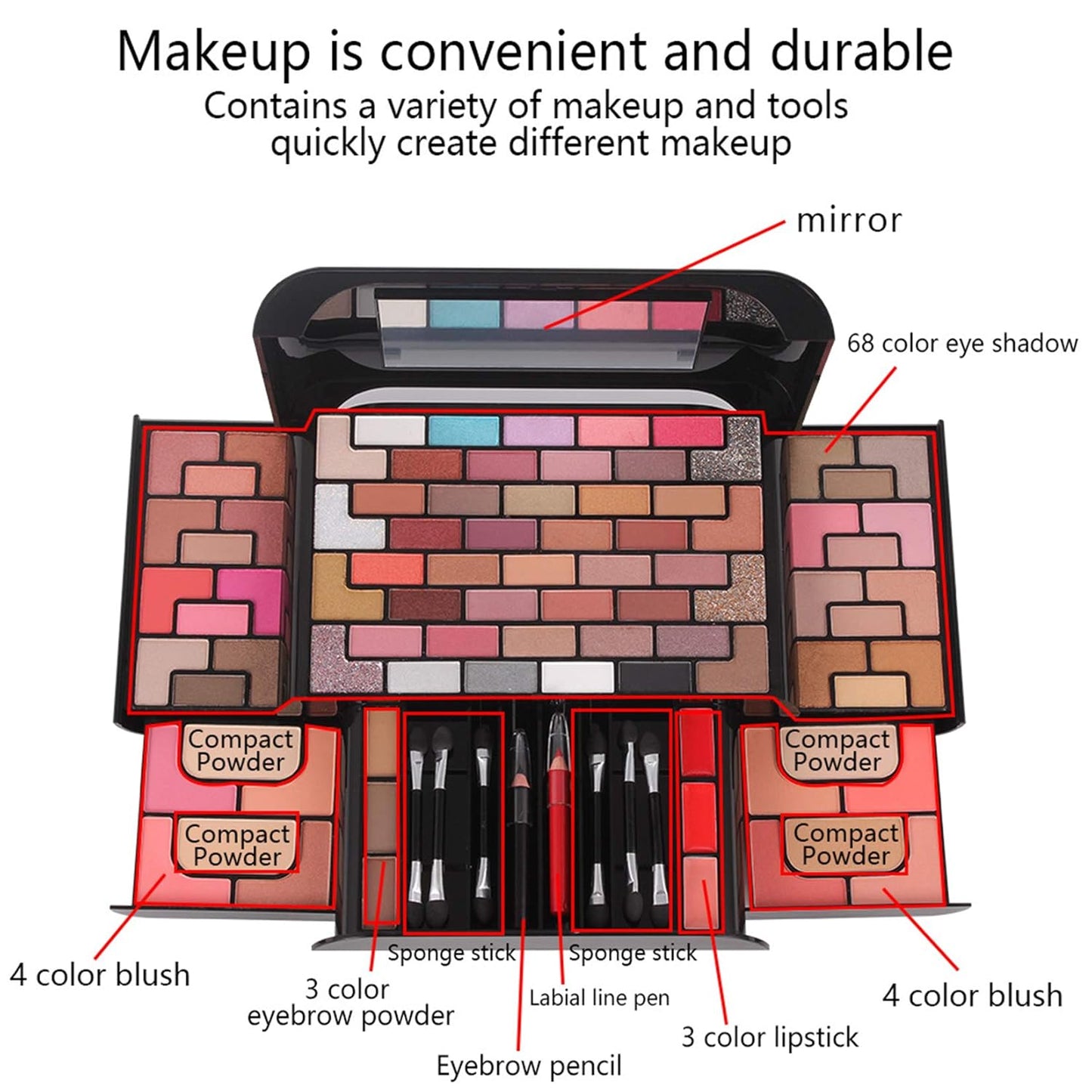 98 Colors All in one Makeup Gift Set Holiday Birthday Beauty Cosmetic Essential Starter Bundle Include 68 Eyeshadow Palette, 8 Blush, 4 Compact Powder, 3 Lipstick, Eyebrow Pencil, Lip Liner