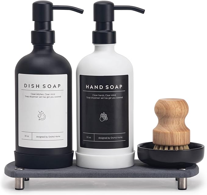 [Luxury] Kitchen Soap Dispenser Set - 16OZ Glass Bottle, Stainless Steel Pump, Instant Dry Tray, Waterproof Labels, Non-Slip Silicone Pad, and Dish Brush | Upgrade for Your Kitchen and Bathroom