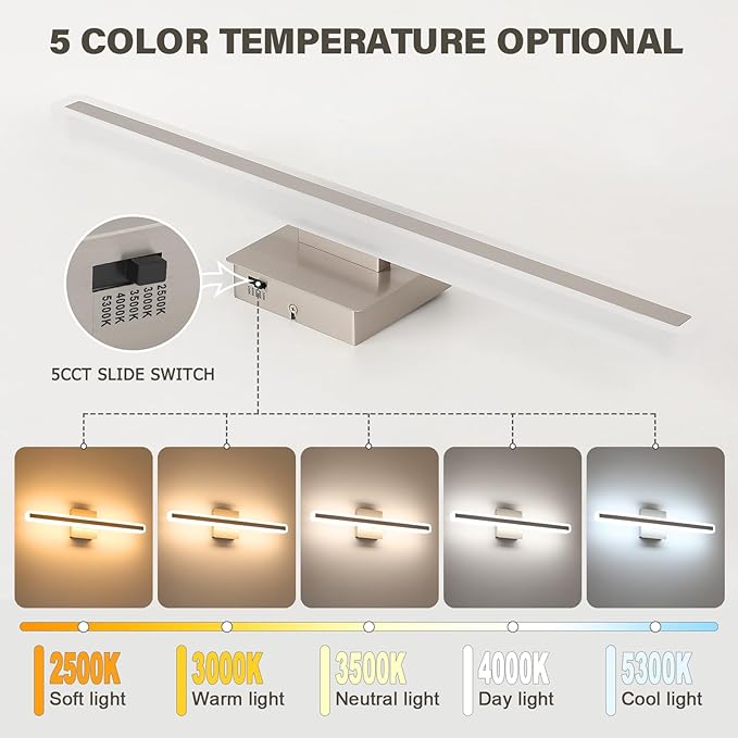 JUSHENG Brushed Nickel Vanity Lights for Bathroom, 5CCT Dimmable Vanity Light Bar, Modern LED Bathroom Lighting Fixtures Above Mirror 24'' Inch 20W