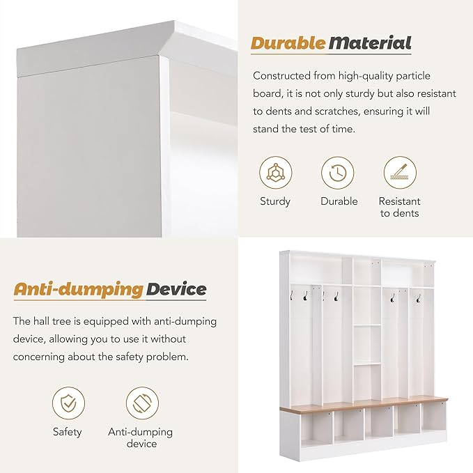 Wide Hall Tree With Shoe Storage Bench, Minimalist Entryway Coat Rack, Cube Storage and Shelves, Multifunctional Mudroom With 8 Hooks for Hallway (White)