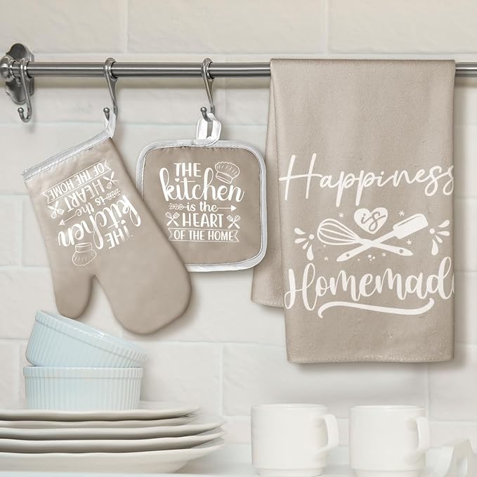 Sratte 6 Pcs Kitchen Decor Accessories Set Farmhouse Towels Pot Holders Oven Mitts Set 2 Dish Towels 2 Potholders 2 Cooking Mittens Oven Glove for Christmas Baking Cooking Supply(Beige,Kitchen)