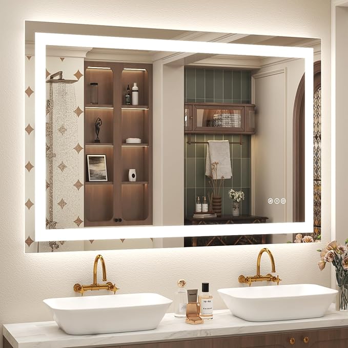 48x 30 LED Lighted Bathroom Mirror, Vanity Mirror with Lights for Wall, Dimmable, Defogger, Shatter-Proof, 3 Colors, ETL Listed (Front + Backlit)