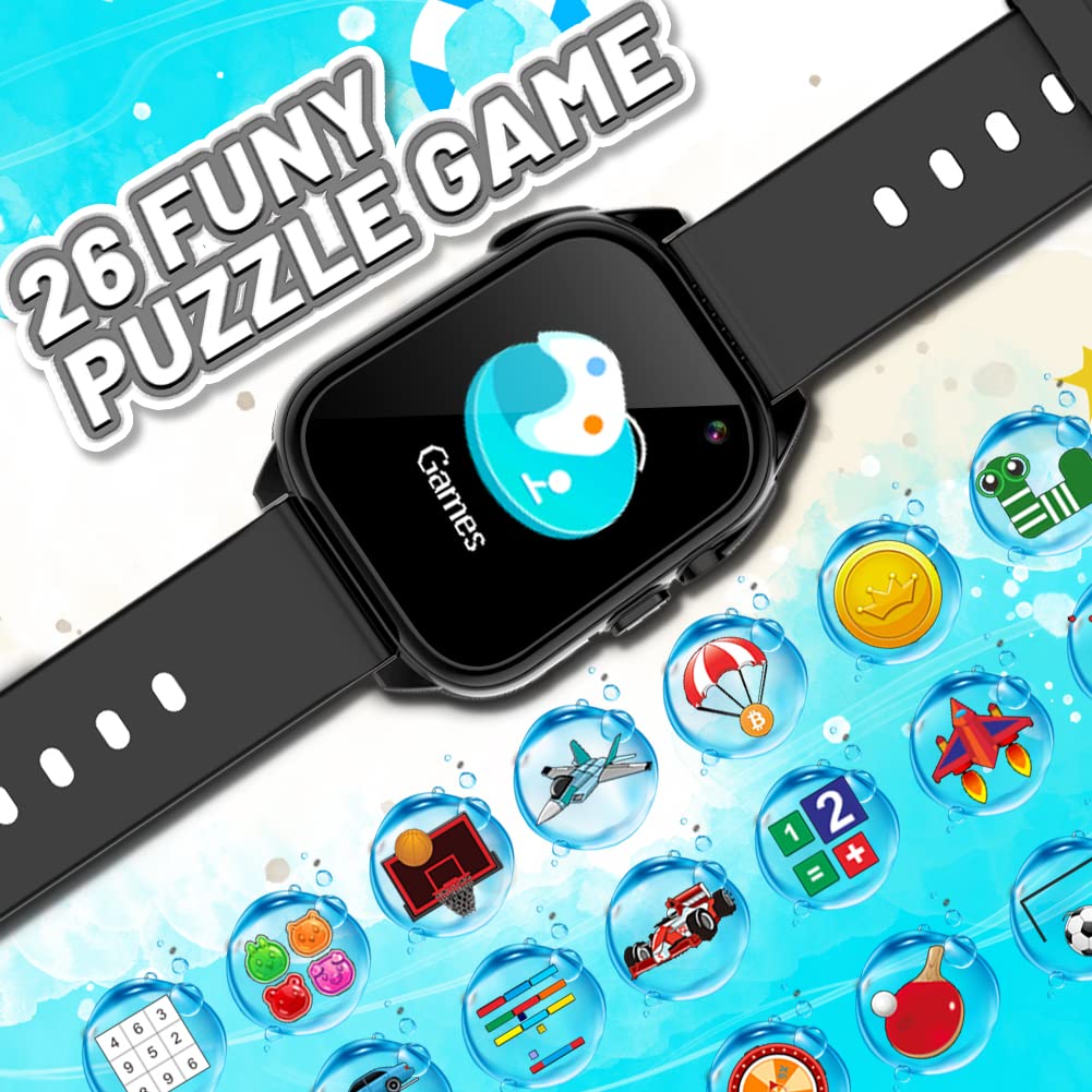 OVV Kids Waterproof Smart Watch Boys Girls Age 3-12 with 26 Game 1.44'' HD Touch Screen Music Player Camera Video Recorder 12/24 Hr Clock Pedometer Alarm Torch Calculator Children Learning Toys