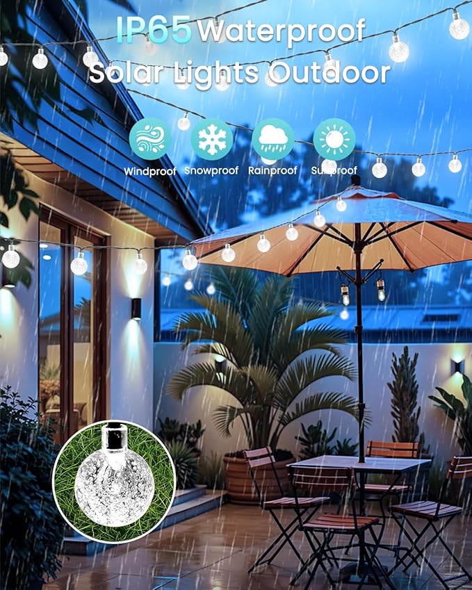 2-Pack 72FT 120 LED White Crystal Globe Solar String Lights Outdoor, Waterproof Solar Powered Lights for Outside, 8 Lighting Modes Christmas Decorations for Garden Yard Porch Wedding Party Patio