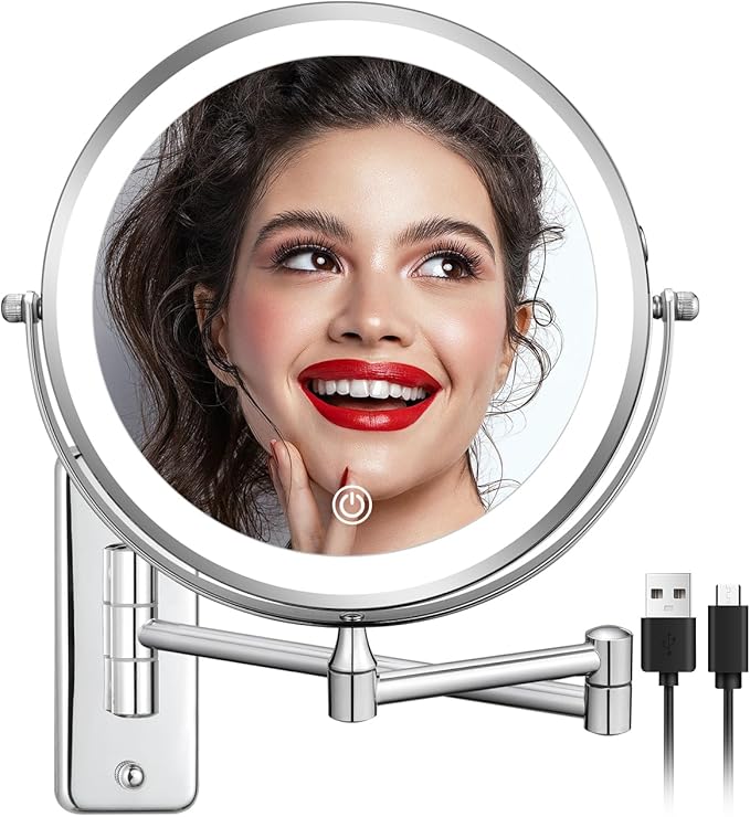 DECLUTTR Rechargeable Wall Mounted Makeup Mirror, 8 Inch 1X/10X Magnifying Mirror with 3 Color Lights, Dimmable LED Lighted Makeup Mirror with Double Sided