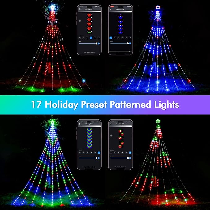 23FT Outdoor Christmas Decorations, Smart RGB Color Changing Christmas Hanging Waterfall String Lights, APP Remote Control, DIY Multi-Color Lightshow, Music Sync, Outside Xmas Lights Decor