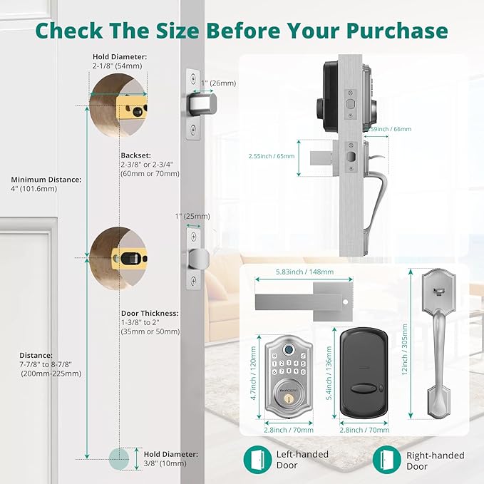 DS10 Pro Keyless Entry Door Lock with Handle Set, Smart Front Door Locks Set, Electronic Keypad, Fingerprint Deadbolt, Bluetooth APP Control, Auto-Lock & One Touch Locking, Satin Nickel