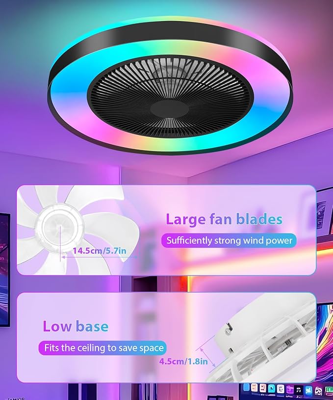 2-in-1 Low Profile Ceiling Fan with Light, 20” Caged Safety Design for Kids - RGB Color, Smart APP/Remote Control, Quiet Flush Mount DC Motor, Metal, Ideal for Bedroom/Living Room/Kitchen, Black