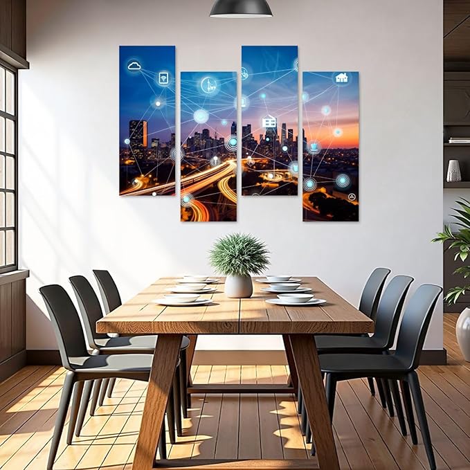 Canvas Wall Art Prints Pictures smart city wireless communication network Framed Posters Modern Wall Painting Artwork Gift Home Decor for Living Room Ready to Hang 4 Panel