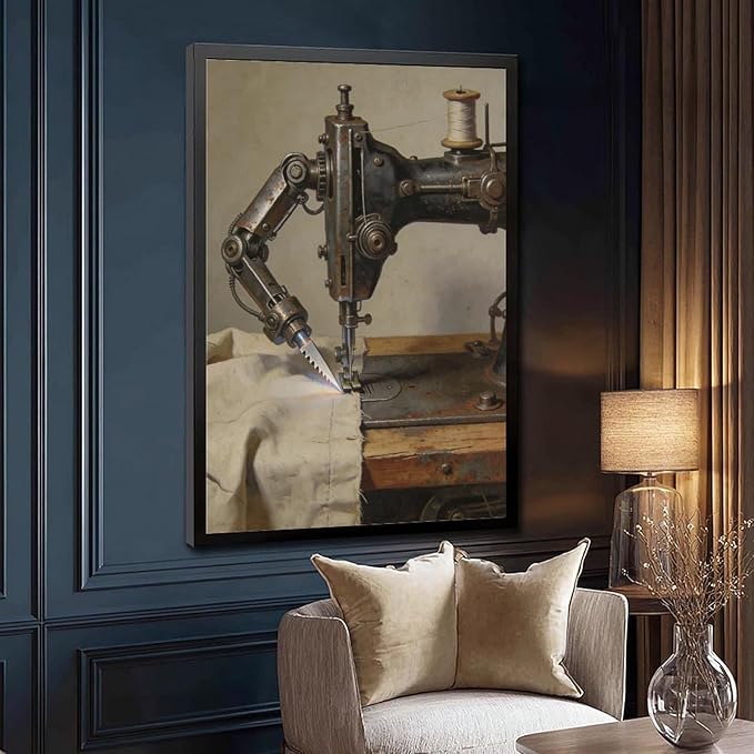 Framed Steampunk Mechanical Sewing Machine Wall Art - Retro Industrial Workshop Poster for Home Office Studio Decor 20x30in