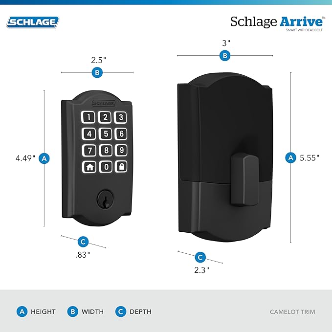 Schlage Arrive WiFi Deadbolt Smart Lock, Keyless Entry Door Lock with Camelot Trim, Matte Black, Compatible with Alexa and Google, BE459WB CAM 622
