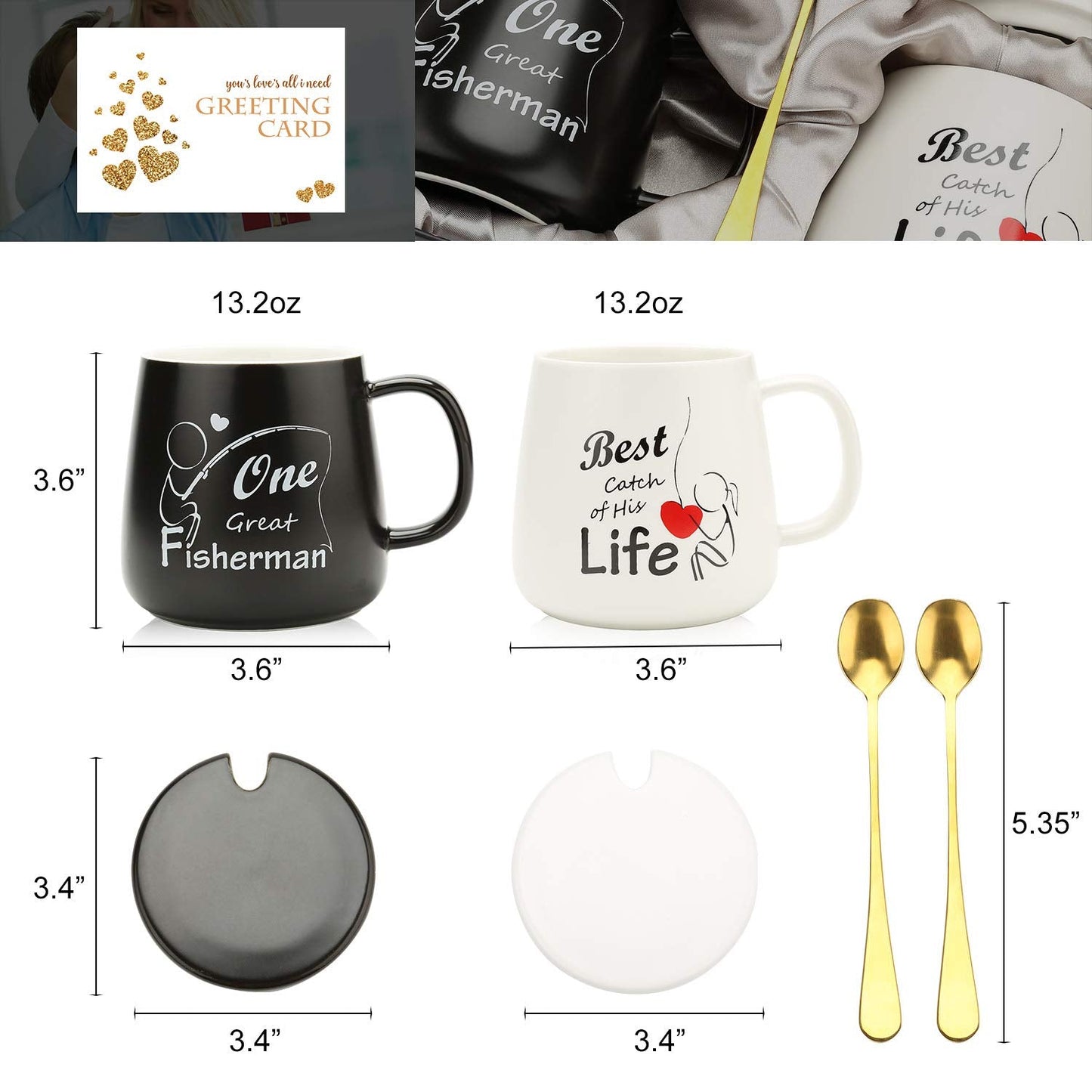 One Great Fisherman, Best Catch of His Life Coffee Mugs Mr Mrs Gift Set - Unique Anniversary Engagement Wedding Gifts for Couples - Funny Idea for Lovers Friends Parents Housewarming -15 OZ