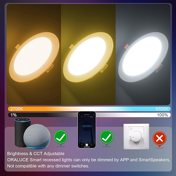 ORALUCE Smart Recessed Lighting 6 Inch, WiFi＆Bluetooth Color Changing Retrofit LED Can Lights, 13W 1050LM RGBCW 2700-6500K Ultra-Thin Wafer Lights Compatible with Alexa/Google Assistant, 4Pack
