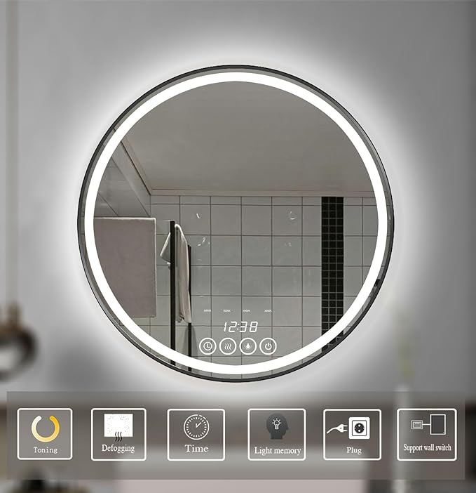 Wall-Mounted Round Bathroom Mirror with LED-Lights - Frame Vanity Mirrors (28" x 28", Black)