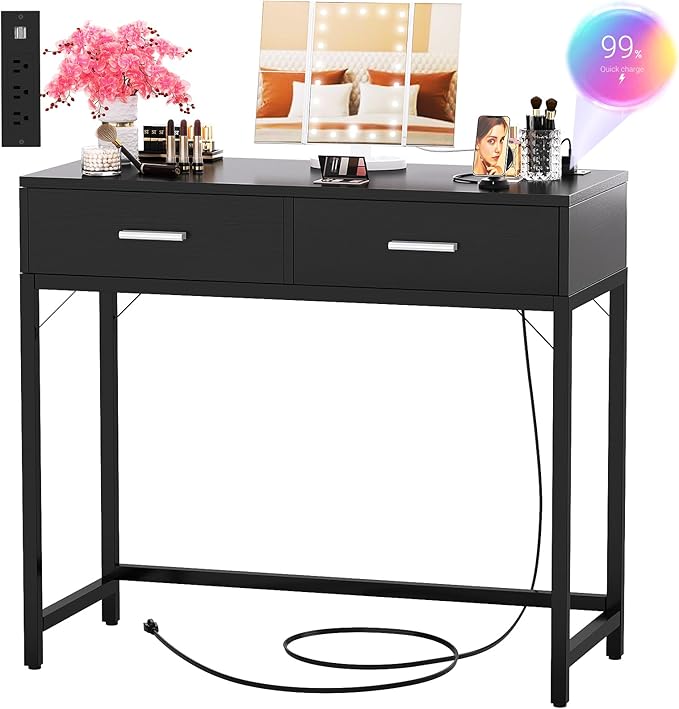 Cyclysio Vanity Desk with Mirror and Lights, 36'' Makeup Vanity Desk with Power Outlet, Small Vanities Set Dressing Table with Drawers for Bedroom, Black