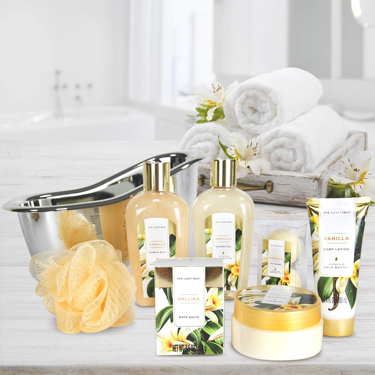 Gifts for Women, Spa Luxetique Spa Gift Baskets for Women, 8 Pcs Vanilla Bath Gift Sets, Vanilla Gift Baskets, Christmas Gifts