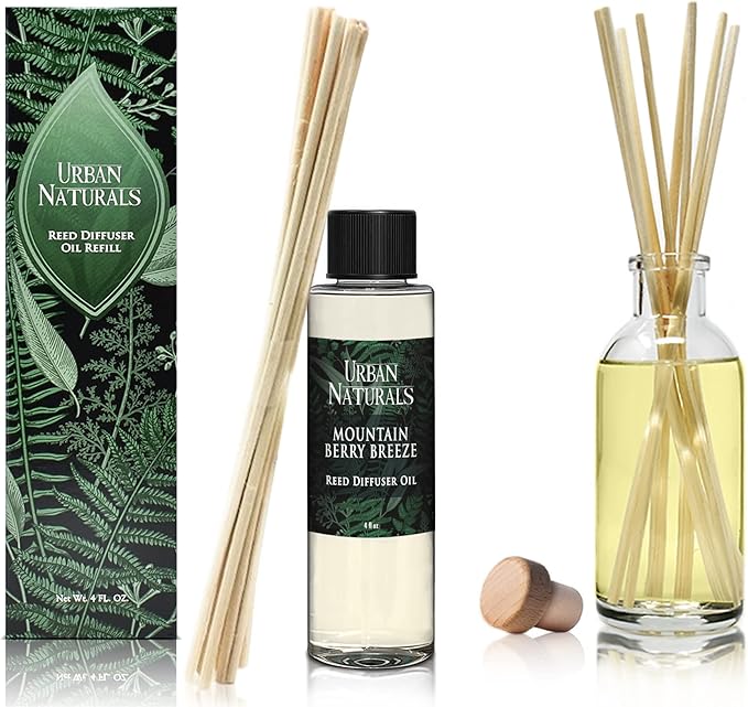 Urban Naturals Reed Diffuser Oil Refill, Mountain Berry Breeze Diffuser Oils with Juniper, Jasmine, Apple, 4 oz + Free Reed Sticks, Made in the USA