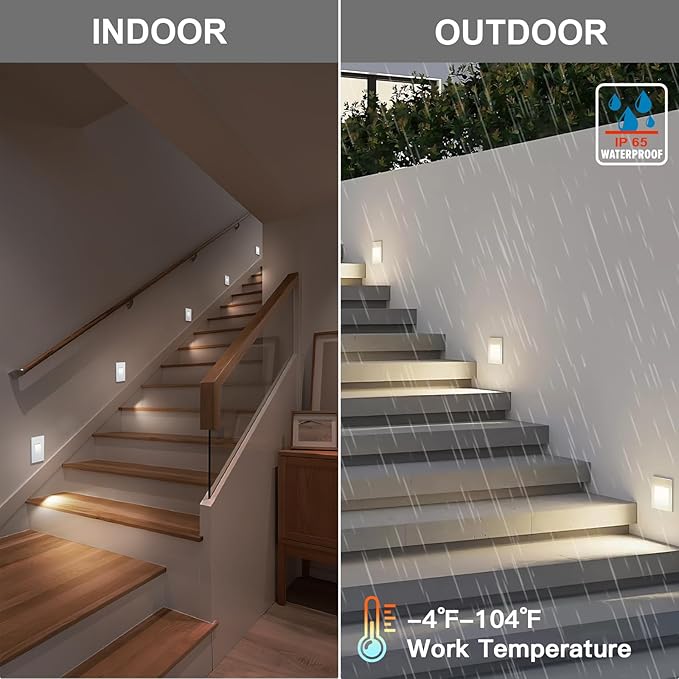 12-Pack Vertical LED Step Lights, Color Adjustable (2700K-5000K), IP65 Waterproof, 3W 70LM, 120V Stair Lights Indoor Outdoor, 10%-100% Dimmable, White, ETL Certified