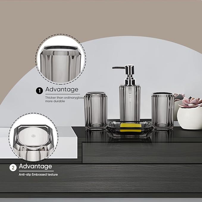 4-Piece Modern Gray Bathroom Accessories Set — Soap Dispenser, Soap Dish, Mouthwash Cup & Toothbrush Holder, Glossy Acrylic with Gray Finish, Vanity Countertop Organizer