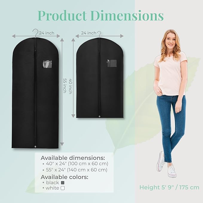 2-Pack Breathable Garment Bags for Hanging Clothes – Dust-Proof Suit & Dress Covers with Clear Window – Waterproof, Foldable Closet Storage Organizer for Coats, Gowns, and Jackets (Black, 55")