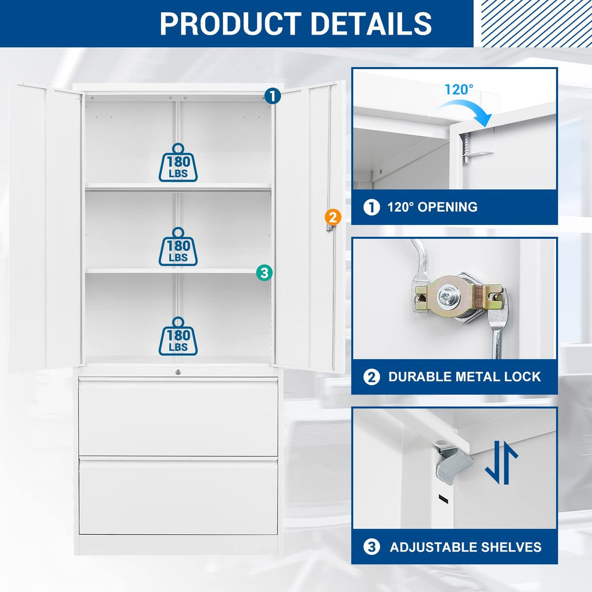 Metal Steel Storage Cabinets with Lockable Drawers and Doors Lateral File Cabinets Steel Metal Filing Lockers for Home Office Hanging Files Letter/Legal/F4/A4 Size
