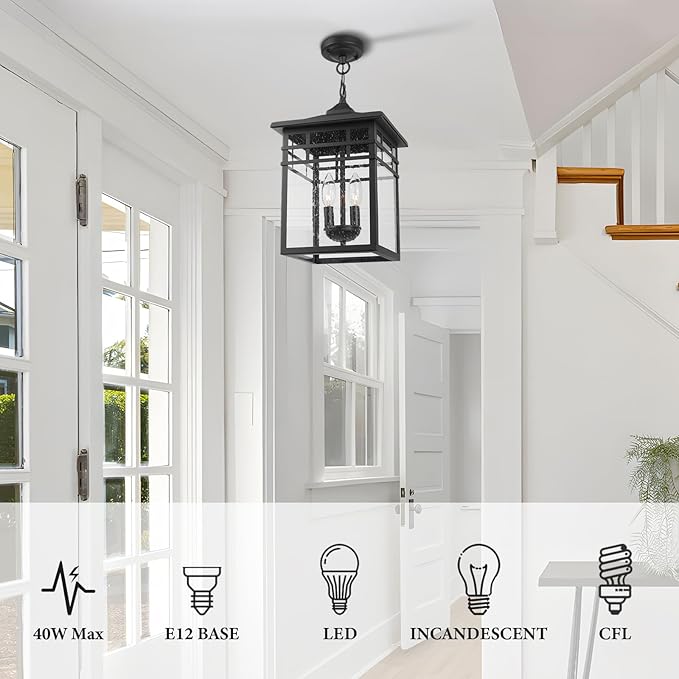 Outdoor Pendant Light Lantern for Front Porch, 10 Inch Large Black Exterior Hanging Chandelier Light Fixtures with Seeded Glass Shade for Patio, Garden, Backyard, Garage, Gazebo, Entryway