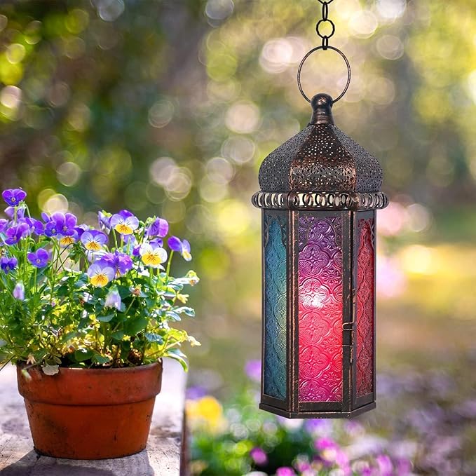 DECORKEY Ramadan Decorations, Vintage Candle Lantern Decorative Indoor&Outdoor, 14.7'' Moroccan Hanging&Tabletop Lantern with 6 Colors Glass, Metal Decor for Home Front Porch Patio Decor
