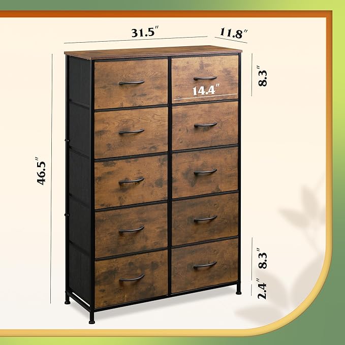 WLIVE Tall Dresser for Bedroom with 10 Fabric Drawers, Organizer Units for Closet, Storage Tower with Cabinet, Metal Frame, Rustic Brown Wood Grain Print Dressers