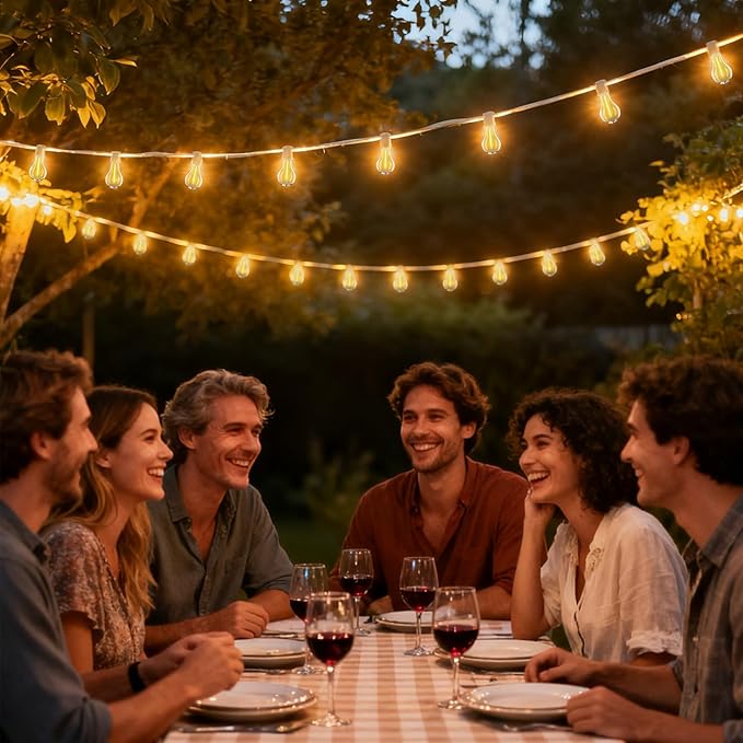 Outdoor String Lights, 75FT Patio Lights with 50+3 Bulbs(1.5FT Bulbs Spacing), Outdoor String Lights, Remote & Dimmer, 3 Mode Light & Timing, 50PC Mounting Ties for Outside, 2200K (White)