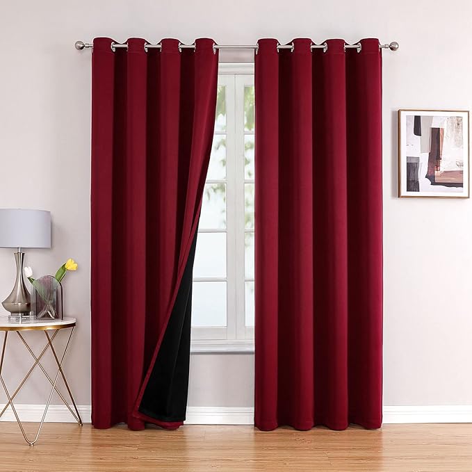 ChrisDowa 100% Blackout Curtains 102 inch Long for Bedroom with Black Liner, 2 Thick Layers Total Blackout Thermal Insulated Grommet Window Curtains 2 Panels Set (Burgundy, 52 x 102 Inch)