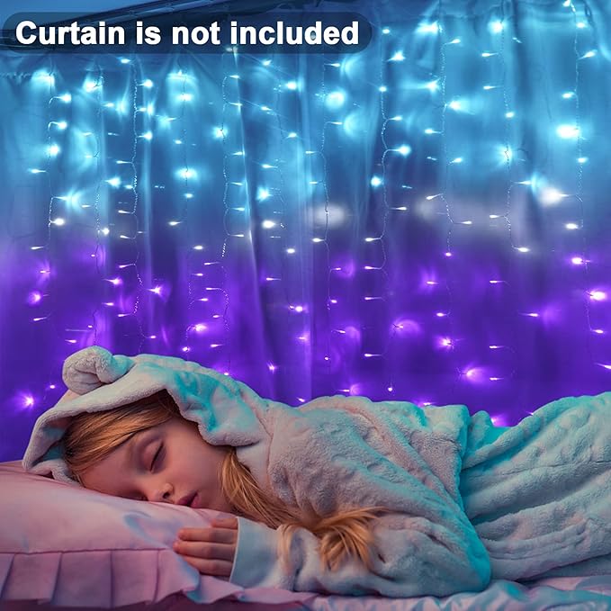 Curtain Lights for Bedroom Waterfall Led Light String PurpleTeal Ombre Hanging Fairy Mermaid Lights for Kids Teen Room Decor Window Ocean Sea Kawaii Easter Decor Girls Gift (Turquoise & Purple)