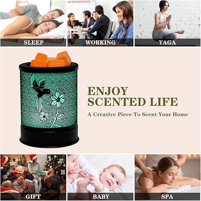 ASAWASA Metal Wax Warmer Electric,Wax Melt Warmer Candle Burner and Wax Melter with 7 Colorful Changing Lights & 1 Silicone Dishes for Office Home Decor(Colorful Hummingbird)
