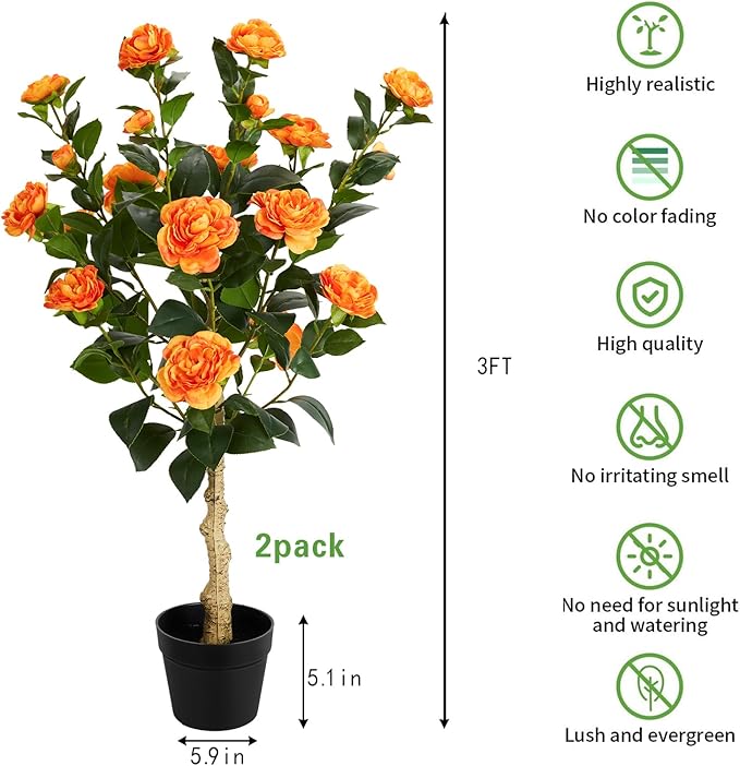 3FT Artificial Camellia Tree, 2 Pack Fake Camellia Tree Artificial Tree, Faux Floral Plants in Cement Pot, Greenery Potted Plant for Indoor Outdoor Home Office Porch Decor (Orange)