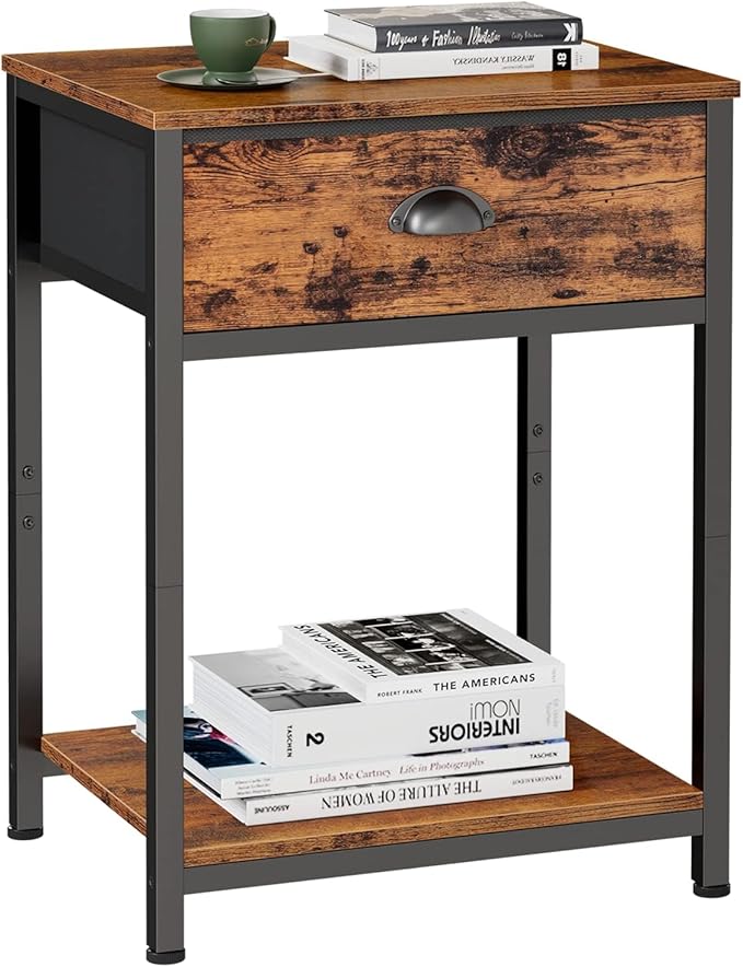 Furologee End Table with Storage Shelf and Fabric Drawer, 2 Tiers Industrial Nightstand, Bedside Table Organizer for Living Room Bedroom, Rustic Brown, Easy Assembly