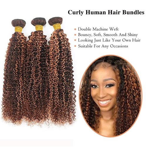 Giginger Jerry Curly Human Hair Bundles 14 16 18 Inch Brazilian Chocolate Brown Highlight P4/30 Jerry Curly Bundles Human Hair 100% Unprocessed Raw Quick Weave Hair for Black Women