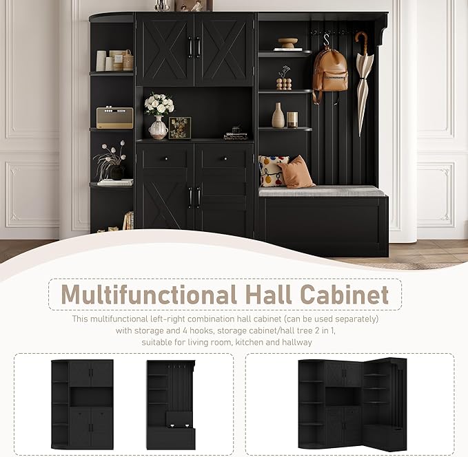 Multifunctional Hall Tree with 4 Hooks, Wood Hall Tree with Open Shelving and Flip Hidden Shelf, Left-Right Combination Coat Rack (can be Used Separately), Entryway Bench (Black/45c)