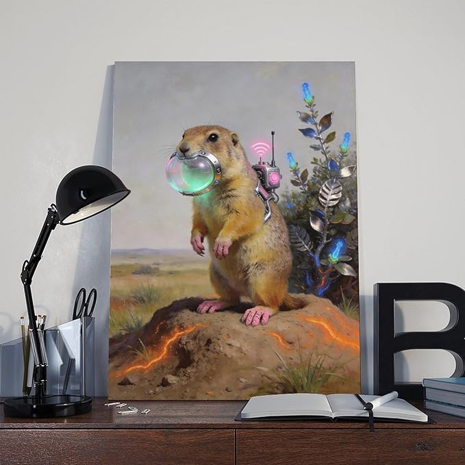 Framed Steampunk Mechanical Prairie Dog Wall Art - Retro-Futuristic Wilderness Poster for Living Room Game Room Decor 12x18inch(30x45cm)