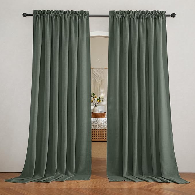 RYB HOME Green Linen Sheer Curtains 102 inches Long, Thick Heavy Textured Rod Pocket Machine Washable Privacy Assured for Living Room Bedroom, W 52 x L 102 inches, Hunter Green, 2 Panels