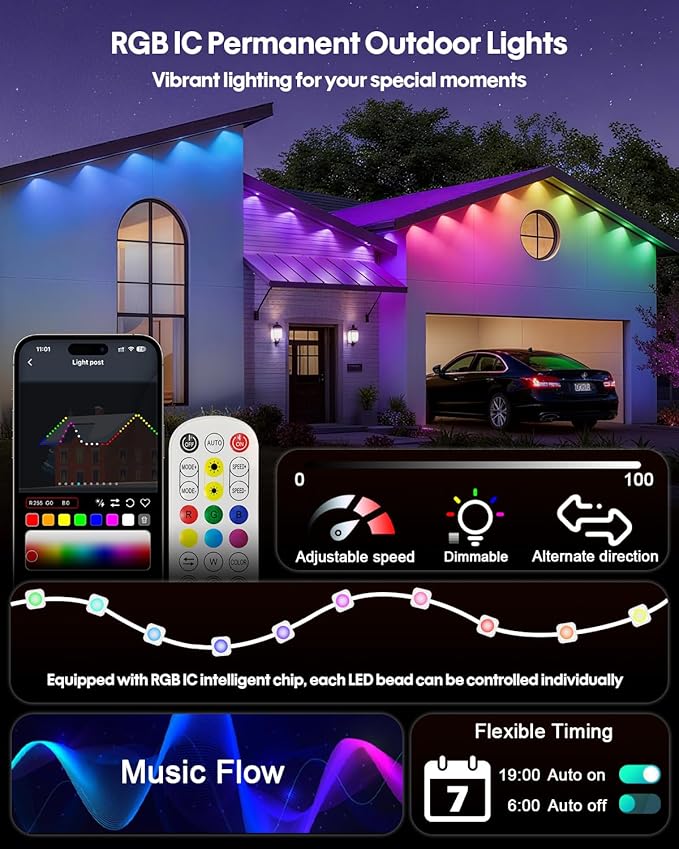 Permanent Outdoor Lights 100FT, Smart RGB+IC Eave Lights with Remote APP Control, DIY LED Color Individual, White & Colorful Christmas String Light, IP67 Waterproof for House Outside Decor