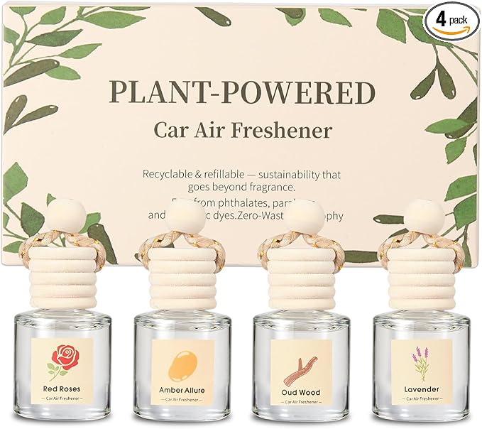 Vietora EudLuxury Car Air Freshener 4-Pack, Hanging Essential Oil Car Diffuser for Rearview Mirror, Long Lasting Aesthetic Auto Decor Accessories (Lavender, Rose, Oud Wood, Amber)