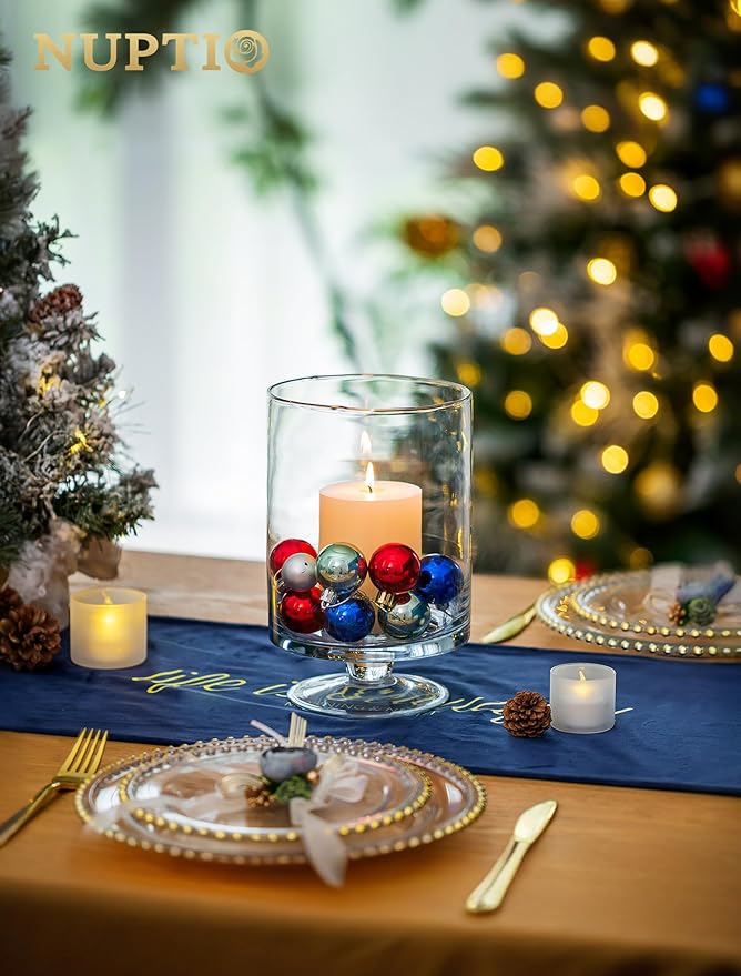 Nuptio 2 Pcs Glass Flower Vase - Large Pillar Candle Holder, 8.7in Tall Glass Cylinder Candle Holder Hurricane Ornament for Wedding Party Dining Table Home Centerpieces Housewarming Gift