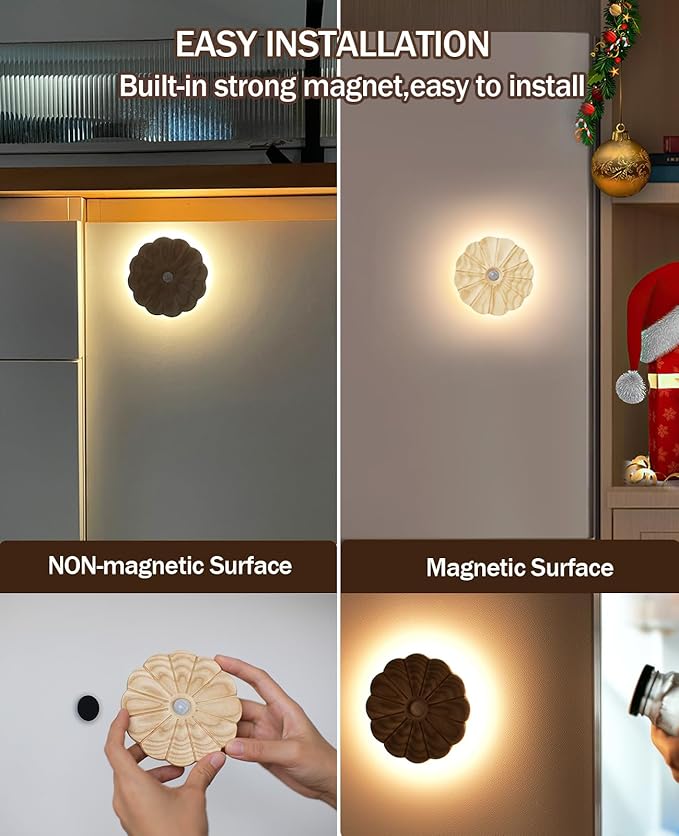 Night Light Wooden Carved Flower Mini USB Rechargeable Motion Sensor Nightlights Magnetic Wall Light for Hallway, Bedroom, Living Room, Stair, Ash Wood