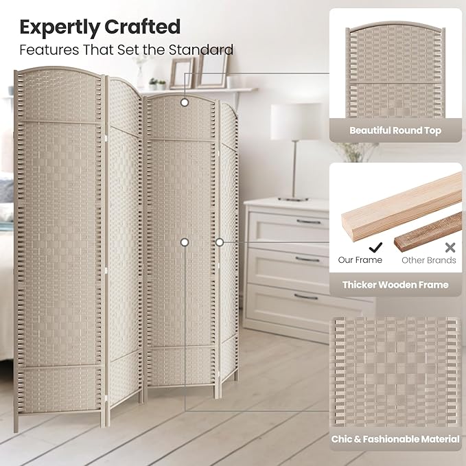 4 Panel Room Divider,6Ft Folding Privacy Screen,Tall - Extra Wide Foldable Panel Partition Wall Divider with Diamond Double-Weaved Hand-Woven Design Room Screen Divider