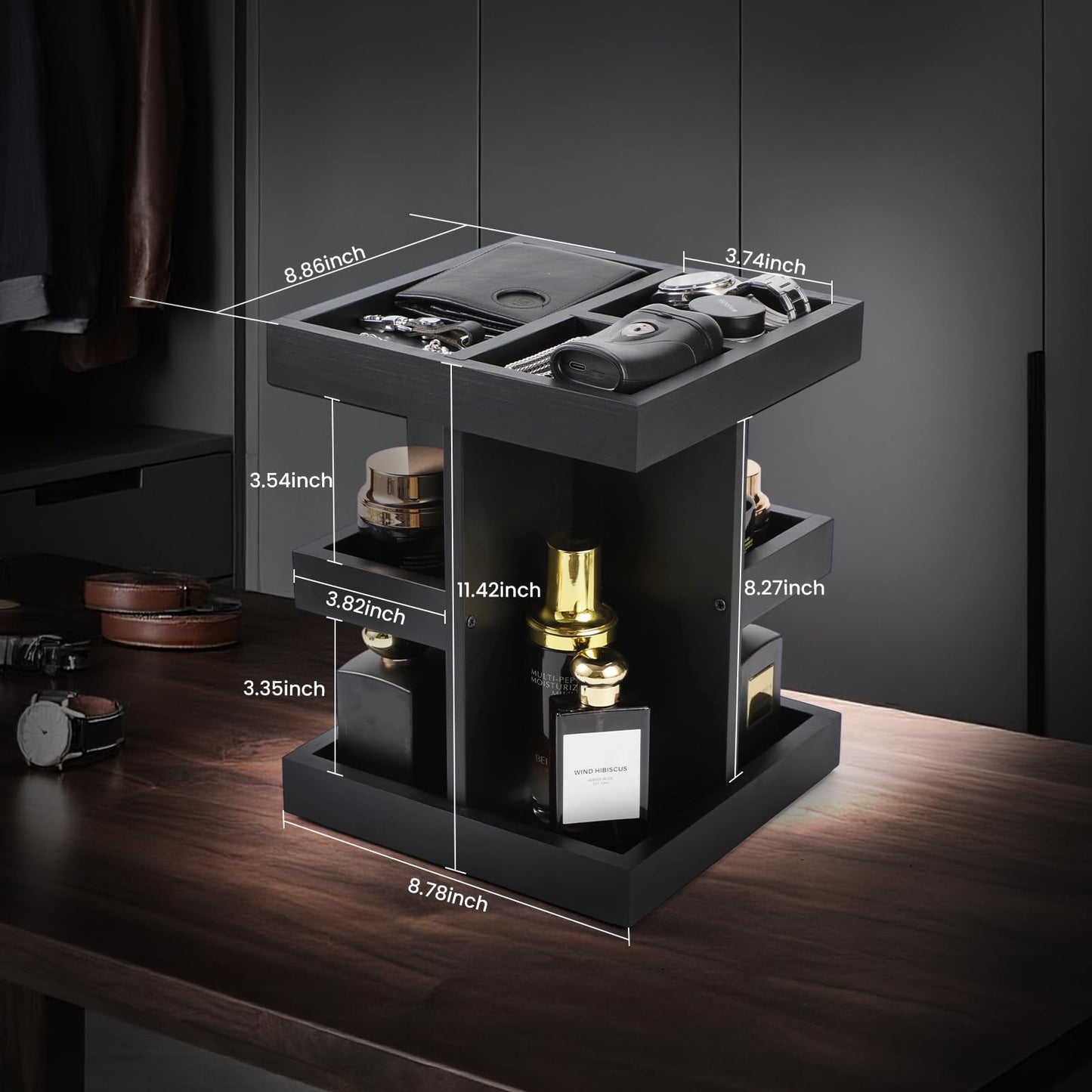 EXIN DECHEN Cologne Organizer for Men,Cologne Stand,3 Tier Large Capacity Wood Perfume Shelf with Rotate,Desk & Nightstand Organizer,Mens Husband Birthday Gifts Ideas,Gifts for Men(Black)