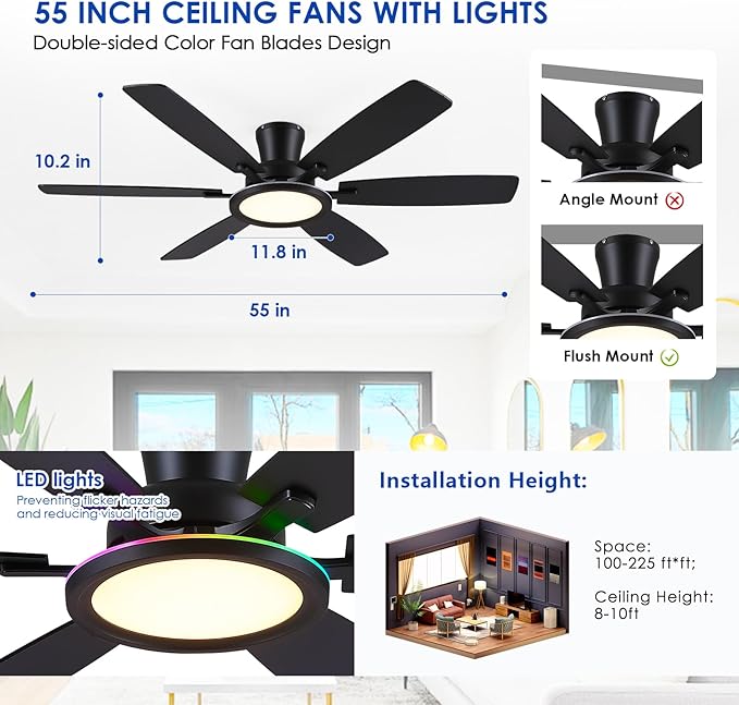 55in Black Flush Mount Ceiling Fan - RGB Low Profile Ceiling Fan Light with Remote-APP, Dimmable and 3CCT, Modern Fan with RGB Light for Indoor and Covered Outdoor