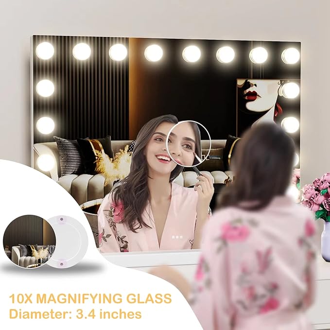 22.8 x 18.2 Vanity Makeup Mirror with Lights, 10X Magnification,Large Hollywood Lighted Vanity Mirror with 15 Dimmable LED Bulbs, USB Charger Port, Tabletop or Wall-Mounted Gold