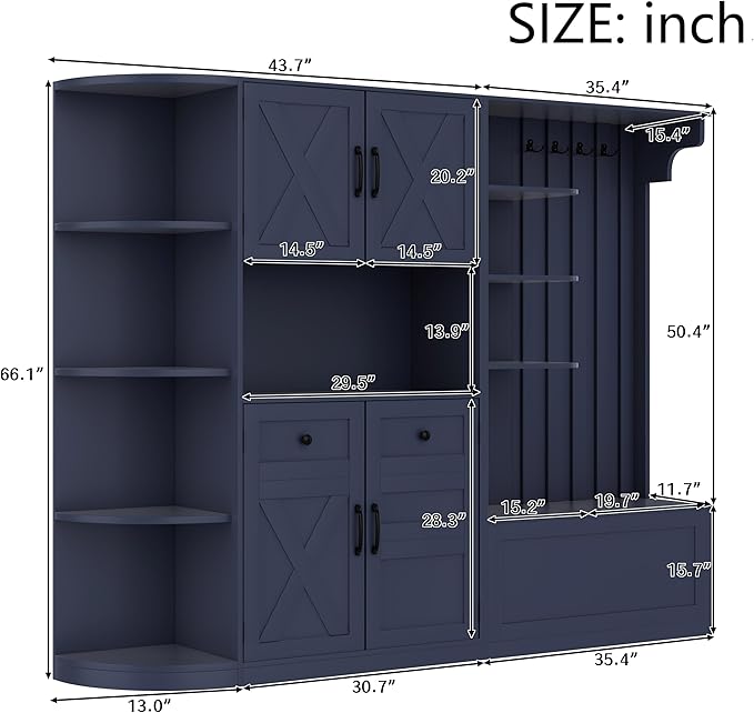 Multifunctional Hall Tree with 4 Hooks, Wood Hall Tree with Open Shelving and Flip Hidden Shelf, Left-Right Combination Coat Rack (can be Used Separately), Entryway Bench (Antique Blue/45c)