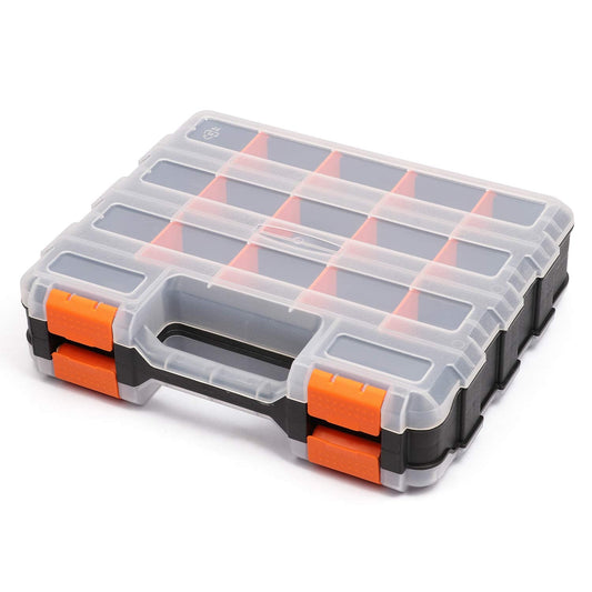 Mayouko Double Side Tools Organizer, Customizable Removable Plastic Dividers, Hardware Box Storage, Excellent for Screws,Nuts,Small Parts, 34-Compartment, Black/Orange,12.6"L x 10.6""W x 3.2""H"